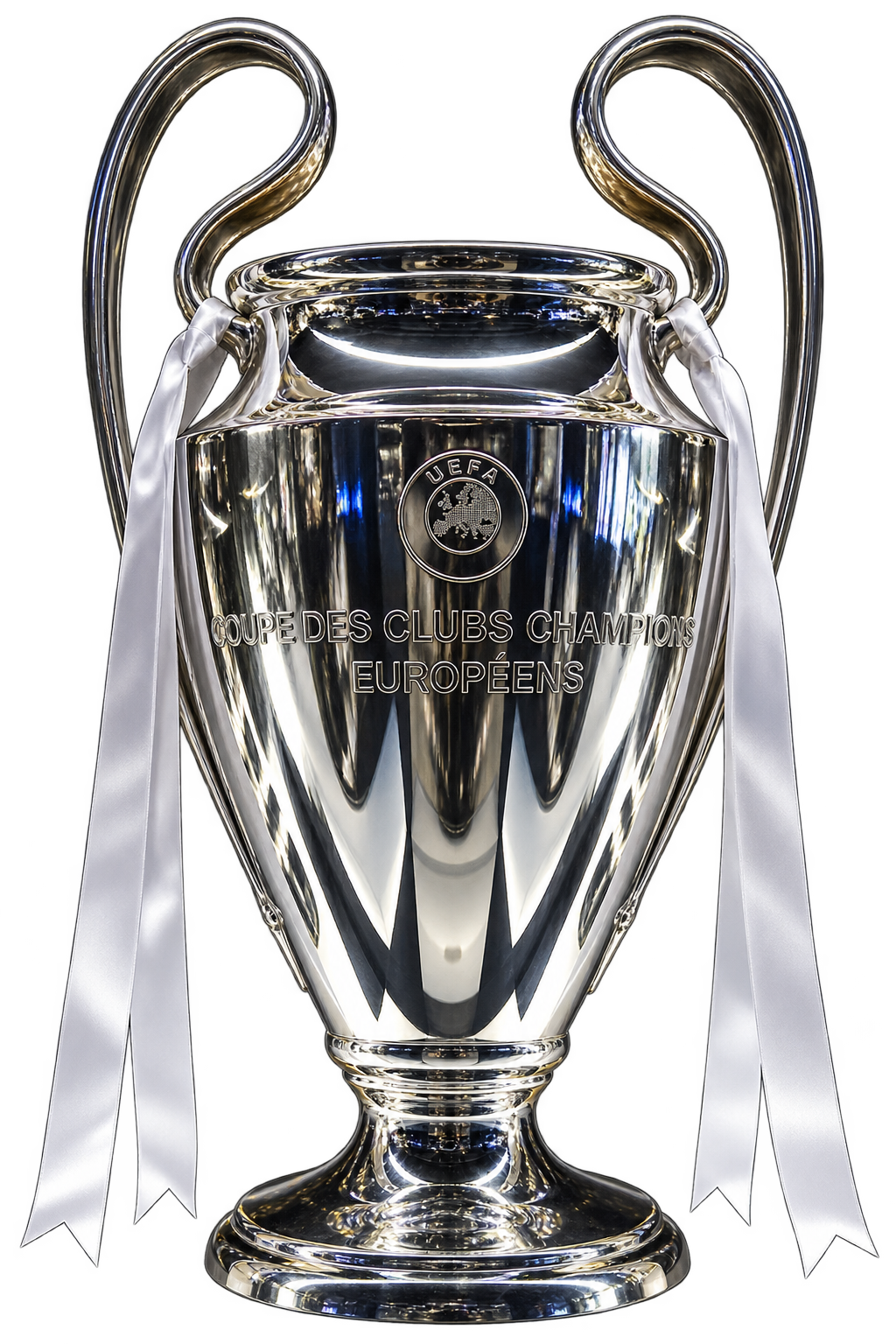 Copa plateada de grandes asas, inspirada en la Orejona, con iluminación de museo y confeti dorado